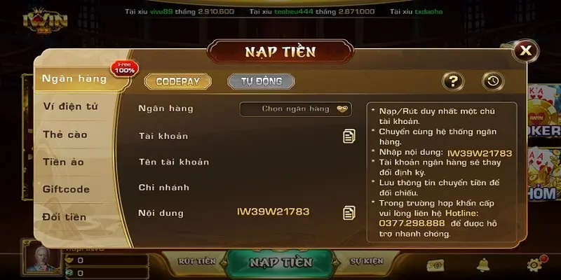 Hướng dẫn nạp tiền game iwin